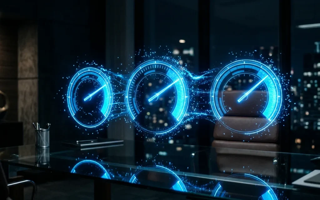 Three glowing blue speed gauges floating above a dark glass desk