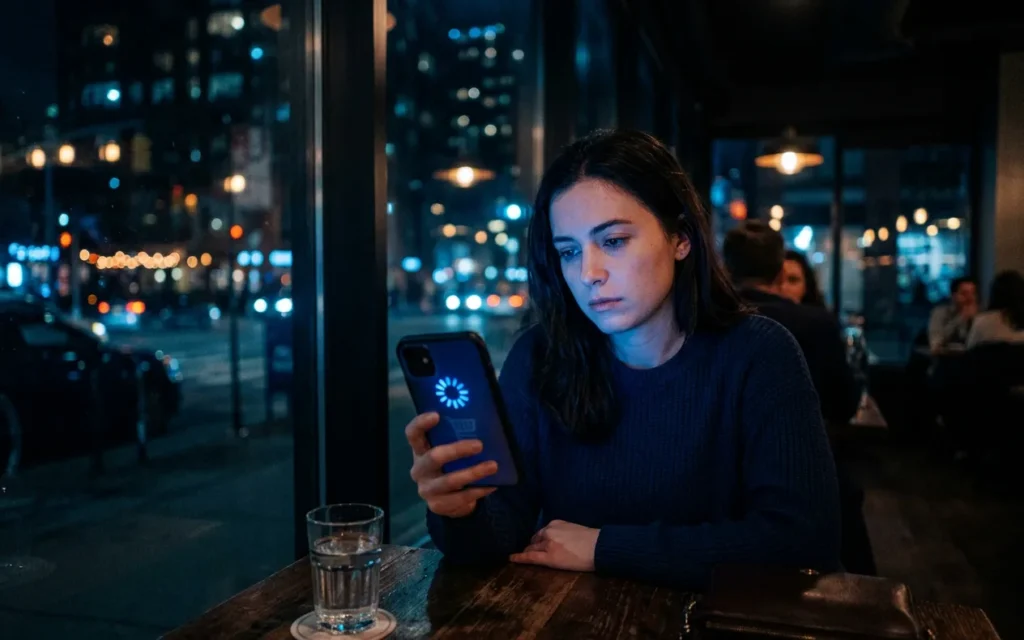 Woman in a dark cafe waiting on a slow-loading website on her smartphone
