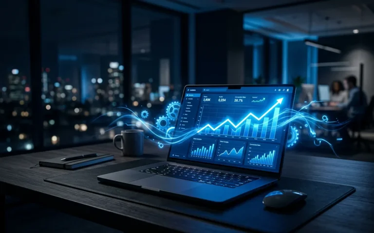 Laptop on a dark desk showing a glowing blue analytics dashboard with a rising growth chart