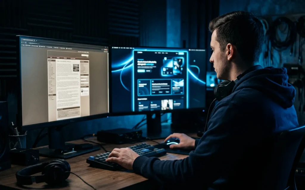 Web designer comparing an outdated website with a modern dark redesign on two monitors