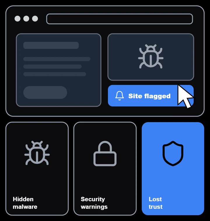 Illustration of hidden malware, security warnings, lost trust