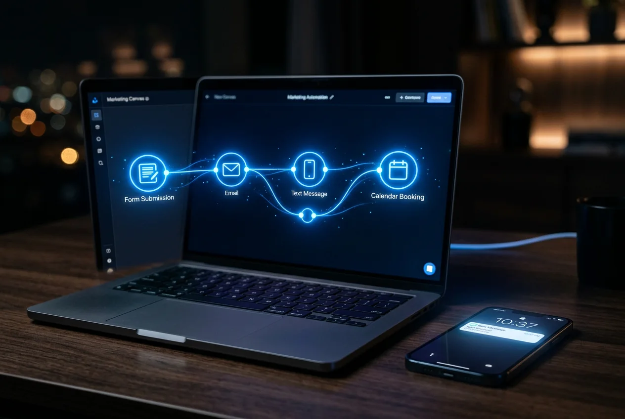 Marketing automation workflow connecting forms, email, text and booking